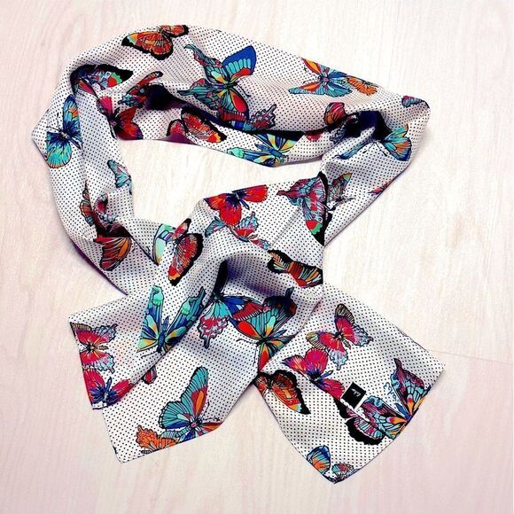 Vintage ECHO silk black white polka dot brilliant butterfly scarf 10” x 54” - Picture 4 of 8